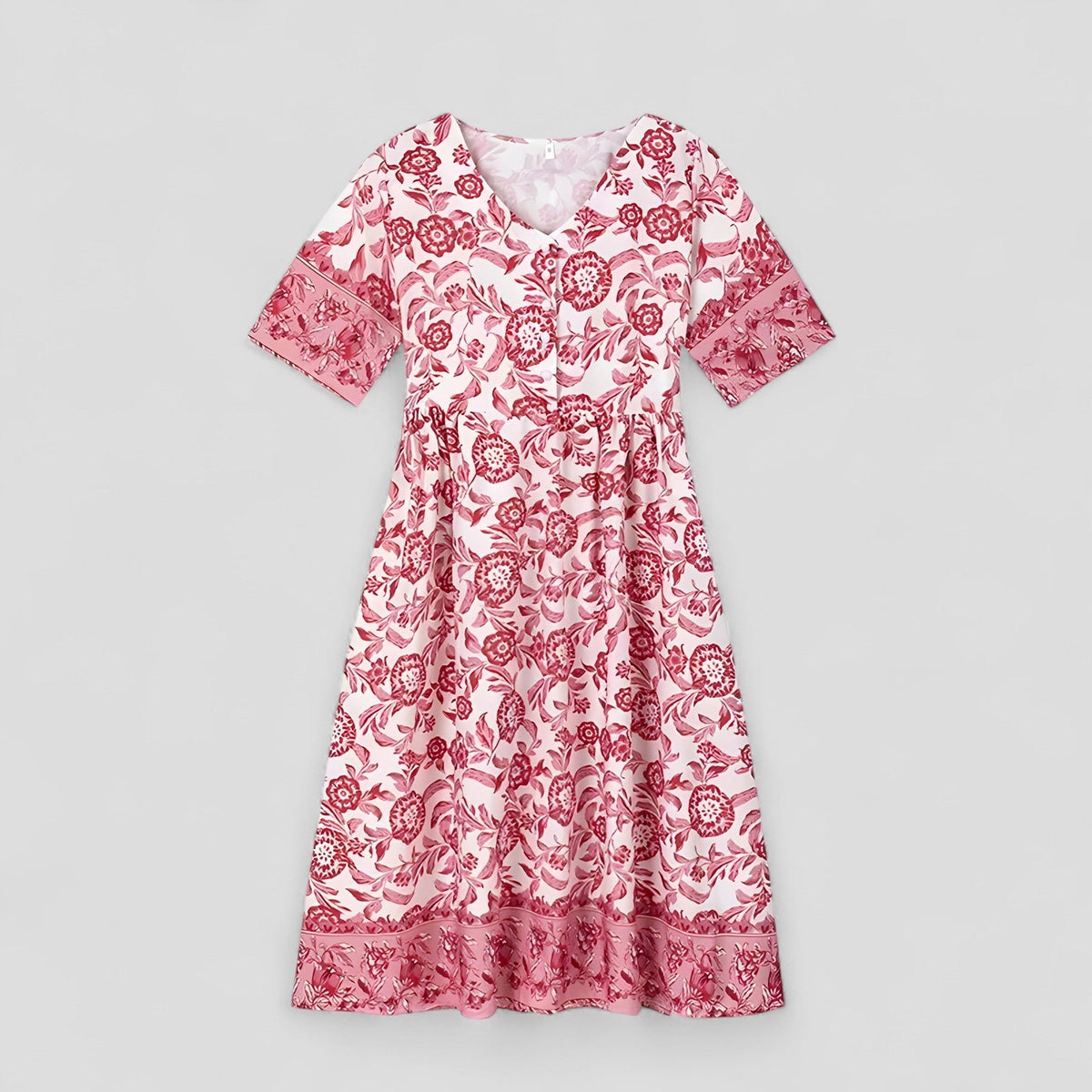 Vestido de verano floral con cuello de pico y tejido transpirable antiarrugas