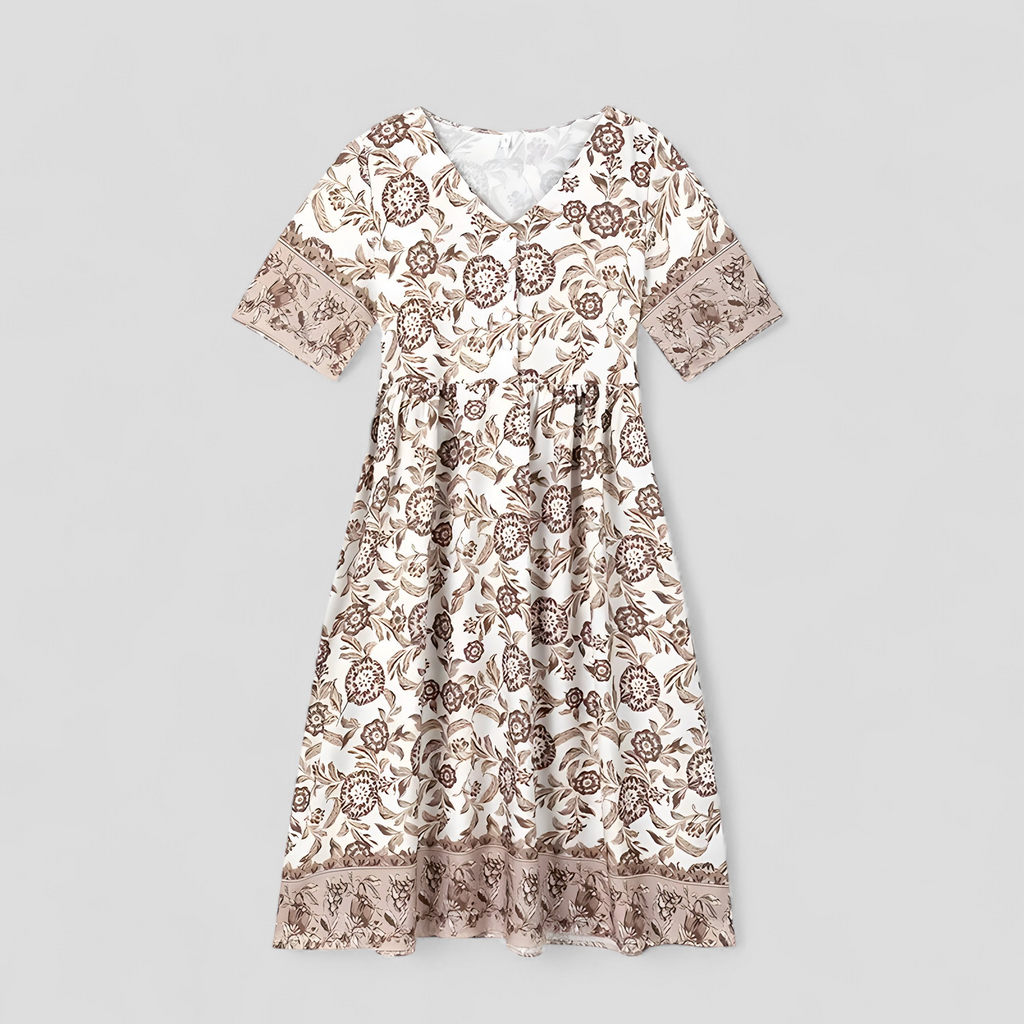 Vestido de verano floral con cuello de pico y tejido transpirable antiarrugas