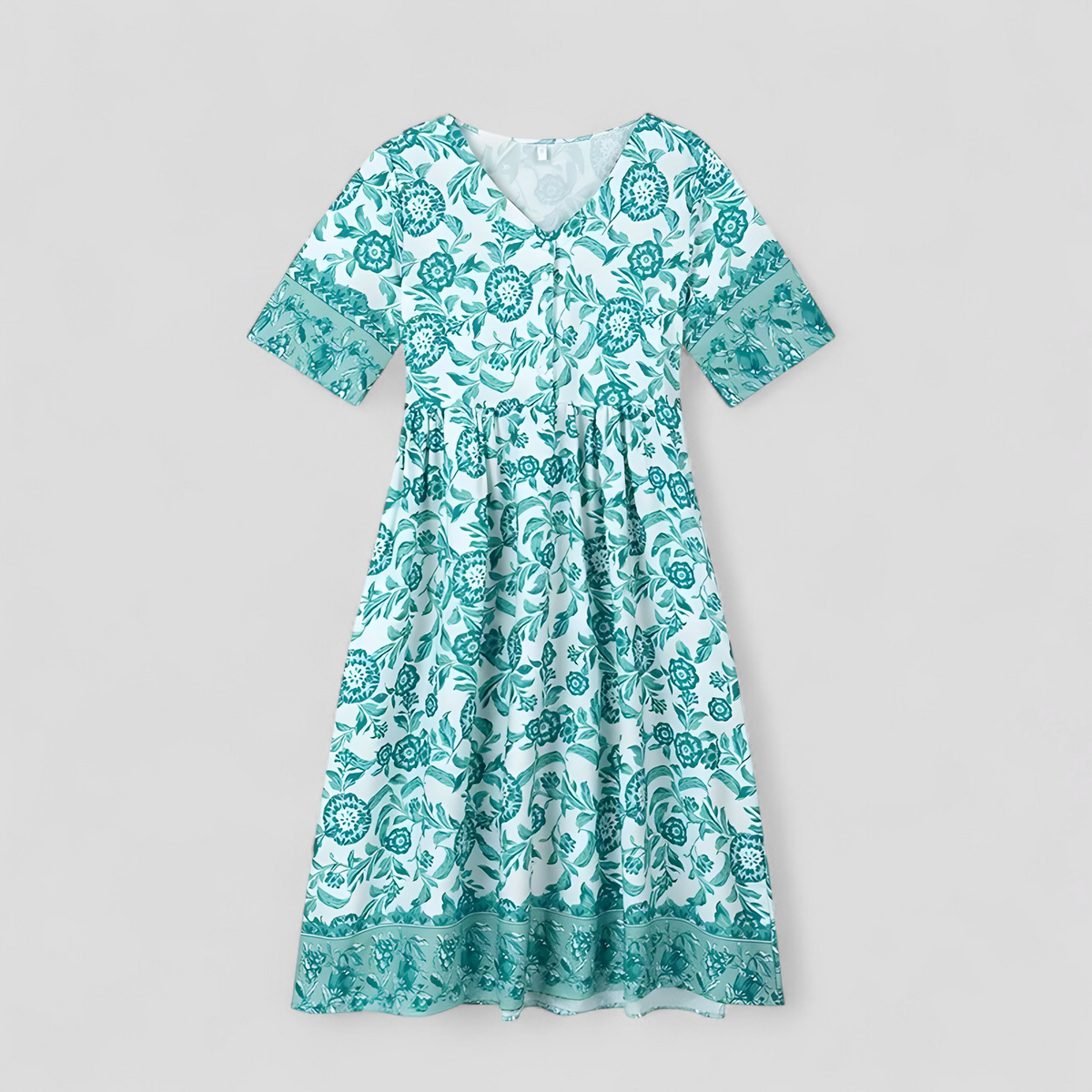 Vestido de verano floral con cuello de pico y tejido transpirable antiarrugas