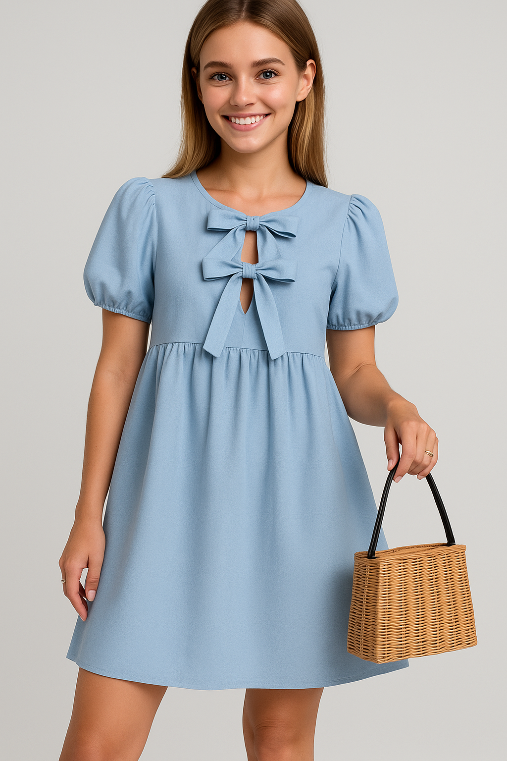 Vestido de manga abullonada con un delicado detalle de lazo delantero