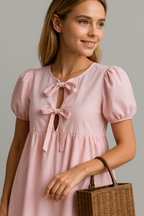 Vestido de manga abullonada con un delicado detalle de lazo delantero