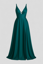 Vestido largo de satén elástico con cuello de pico y espalda de cordones