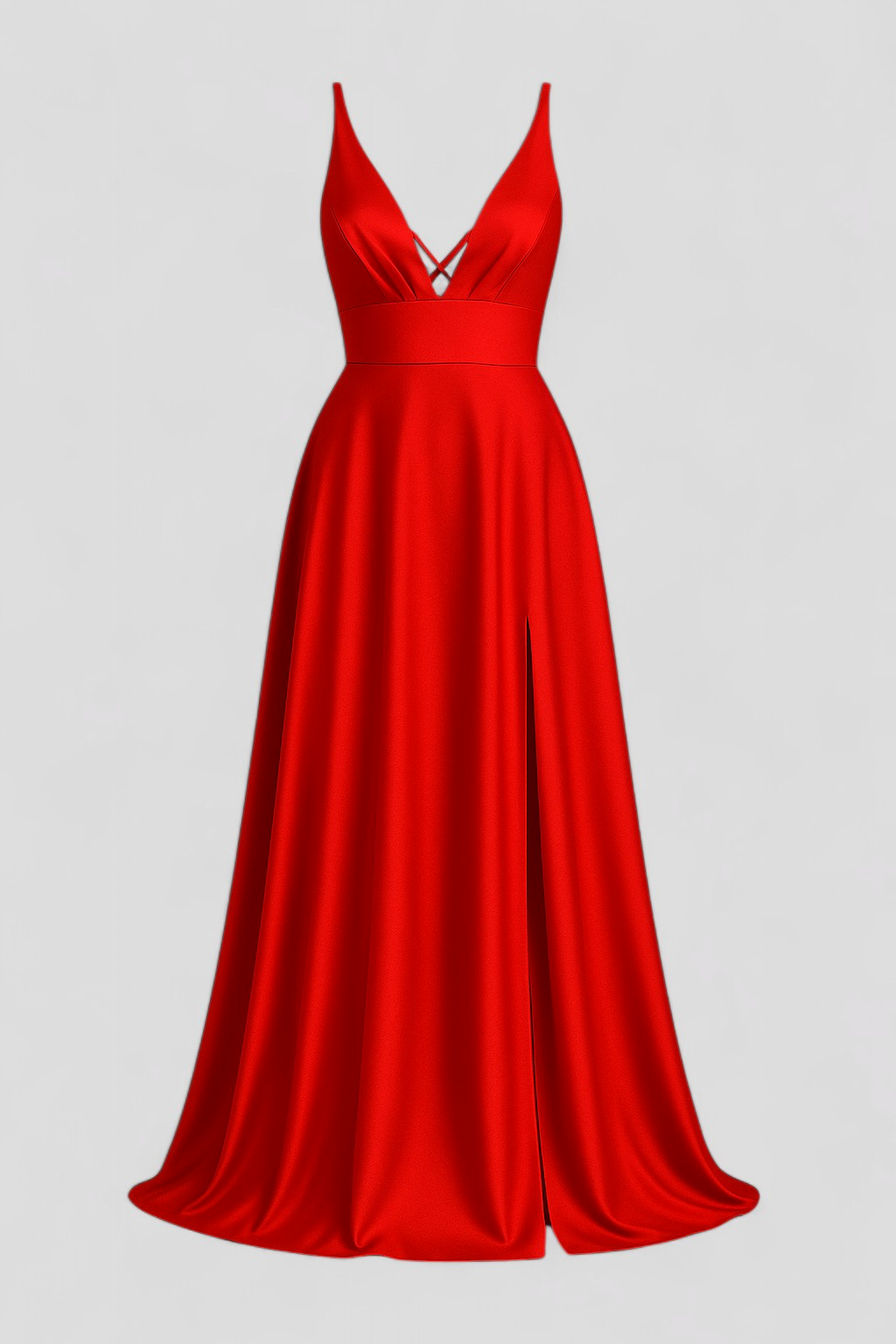 Vestido largo de satén elástico con cuello de pico y espalda de cordones