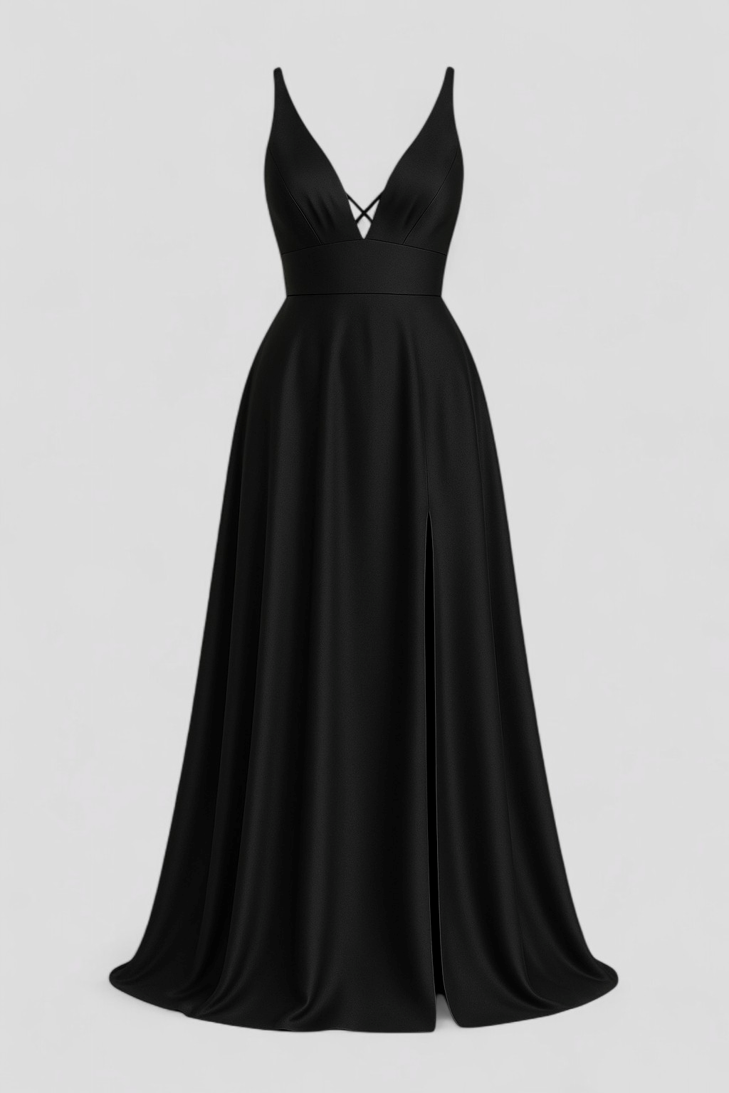 Vestido largo de satén elástico con cuello de pico y espalda de cordones