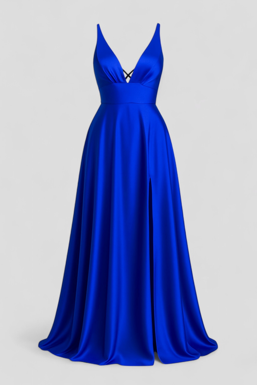Vestido largo de satén elástico con cuello de pico y espalda de cordones