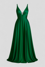 Vestido largo de satén elástico con cuello de pico y espalda de cordones