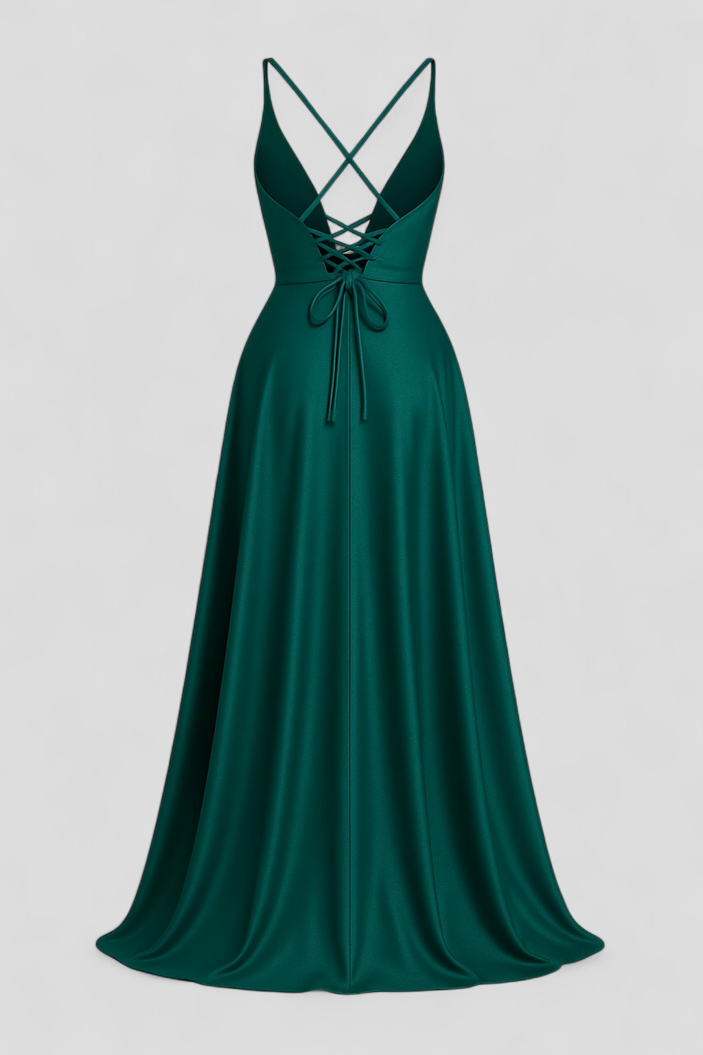 Vestido largo de satén elástico con cuello de pico y espalda de cordones