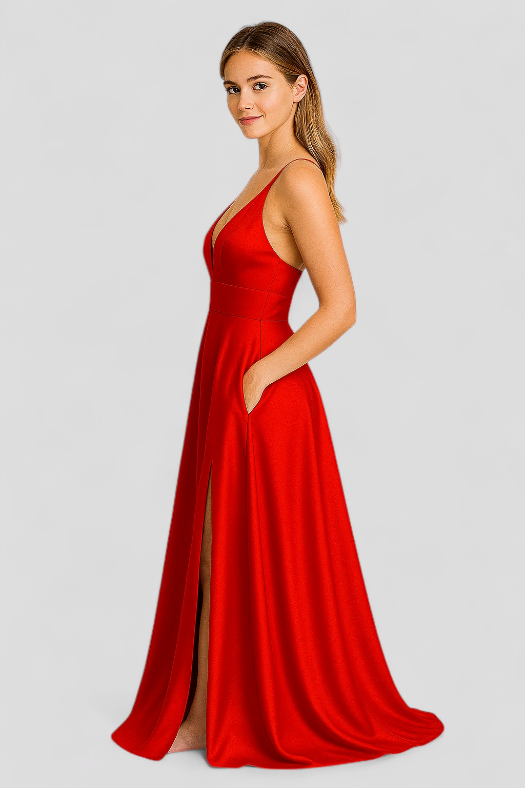 Vestido largo de satén elástico con cuello de pico y espalda de cordones