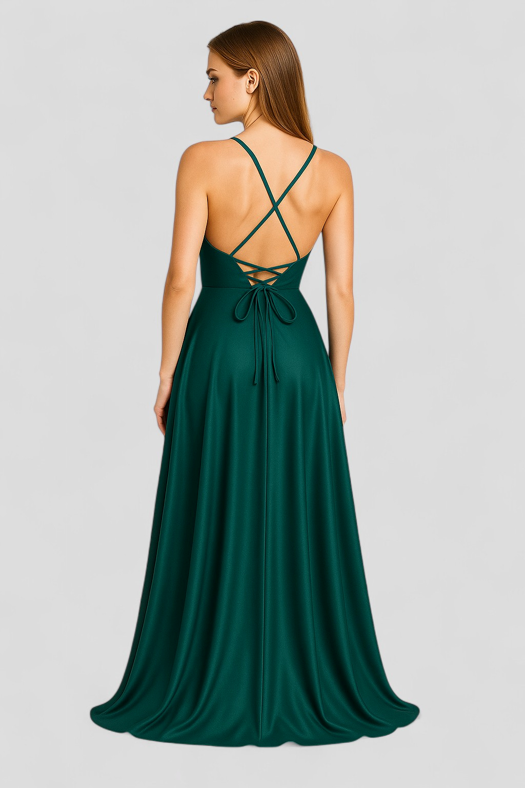 Vestido largo de satén elástico con cuello de pico y espalda de cordones
