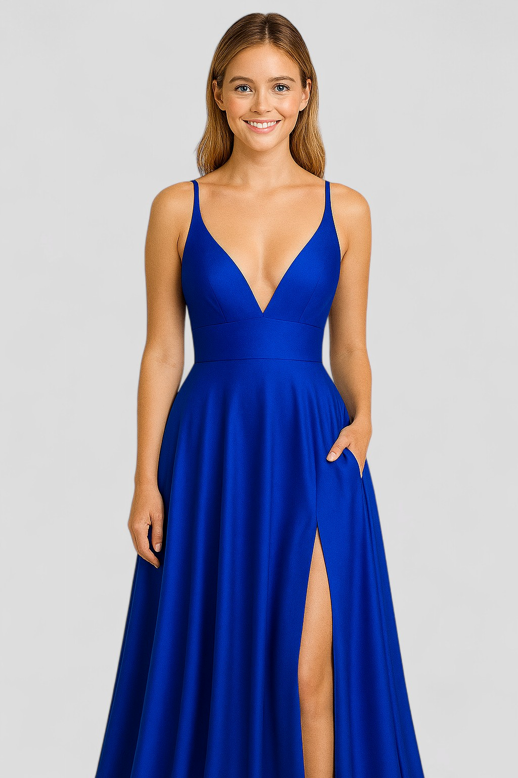 Vestido largo de satén elástico con cuello de pico y espalda de cordones