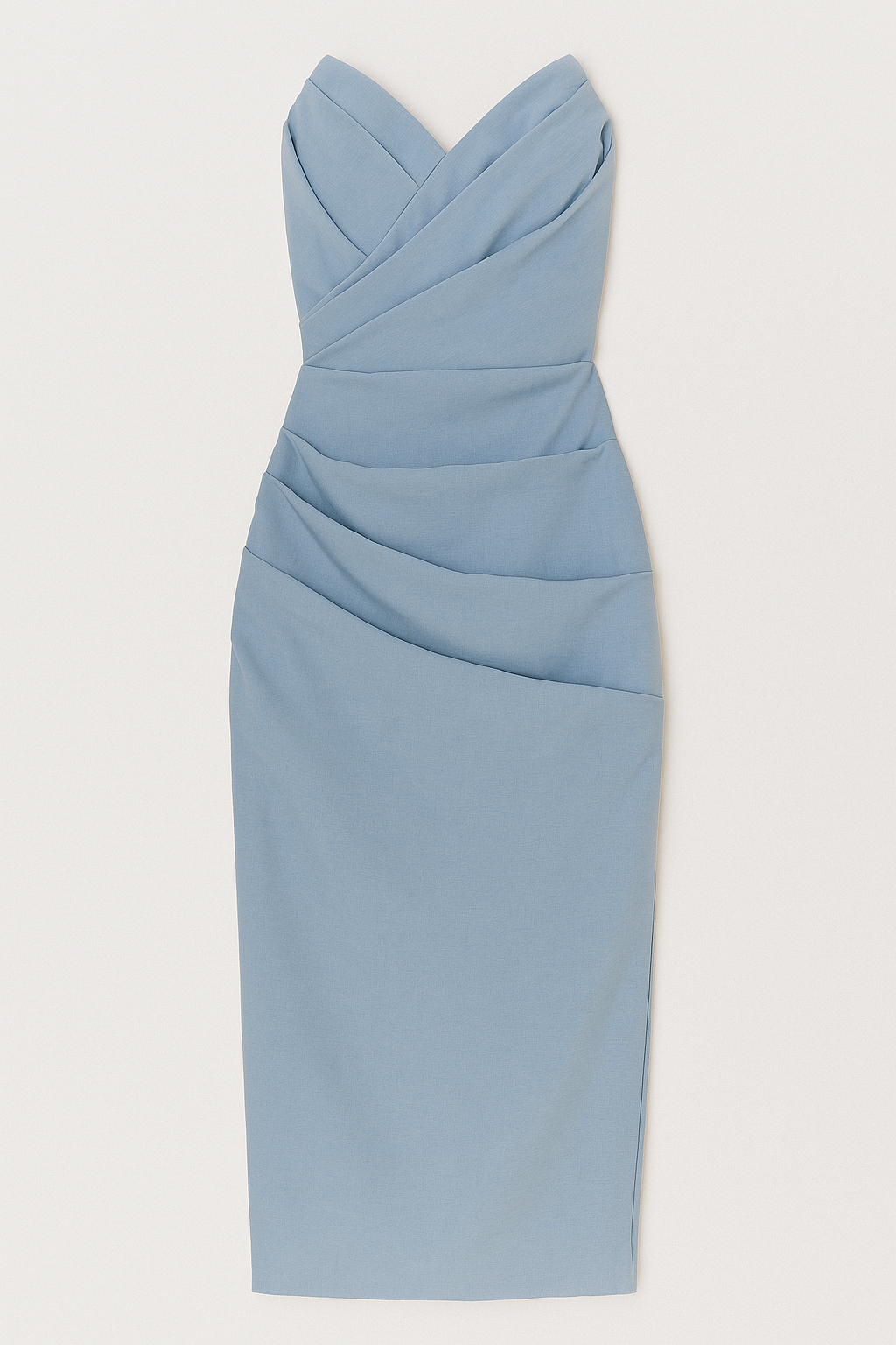 Strapless Ruched Midi Dress with Back Slit Detail