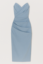 Strapless Ruched Midi Dress with Back Slit Detail