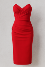 Strapless Ruched Midi Dress with Back Slit Detail