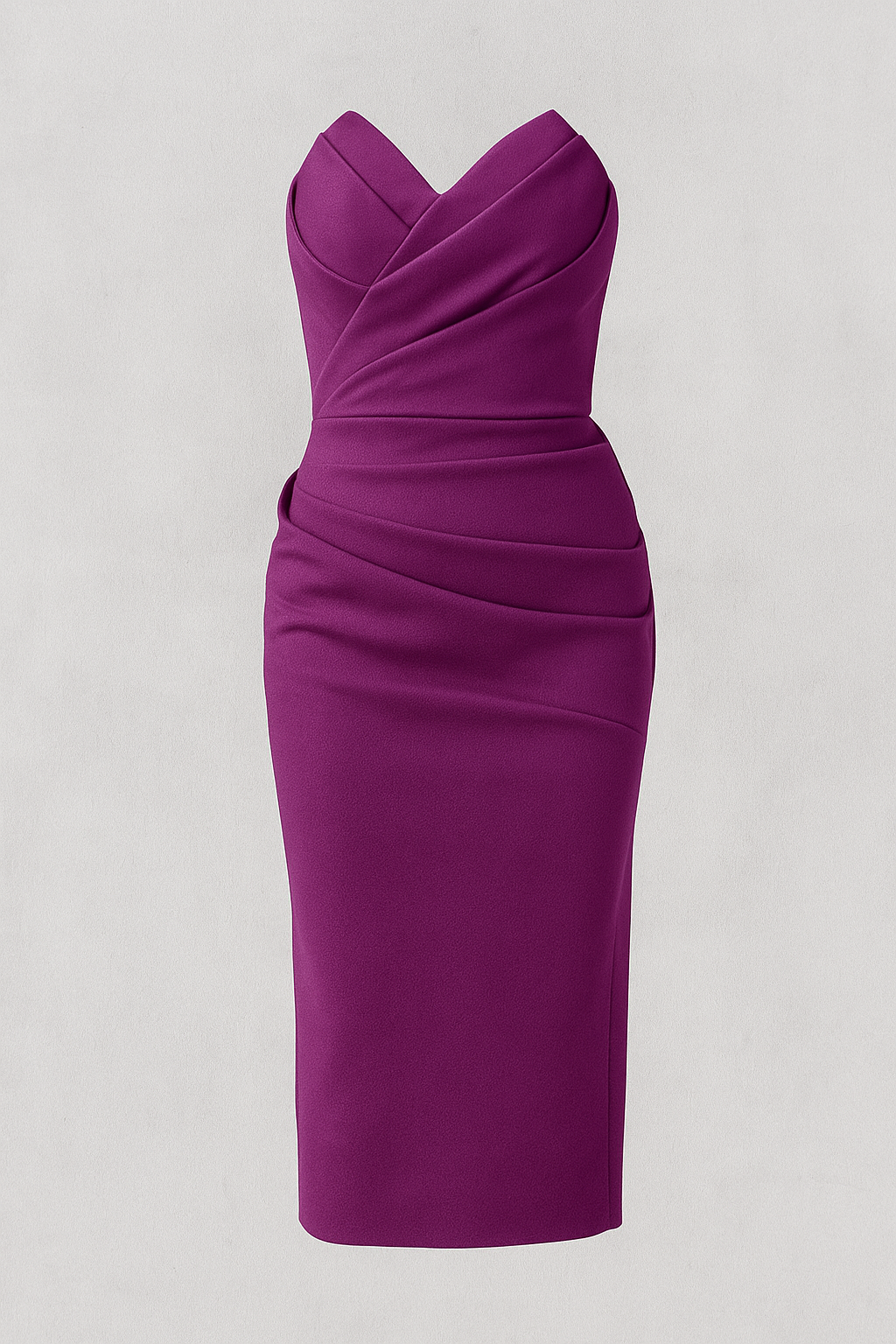 Strapless Ruched Midi Dress with Back Slit Detail