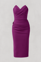 Strapless Ruched Midi Dress with Back Slit Detail