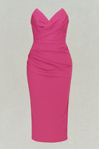 Strapless Ruched Midi Dress with Back Slit Detail