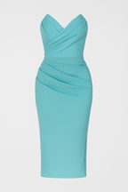 Strapless Ruched Midi Dress with Back Slit Detail