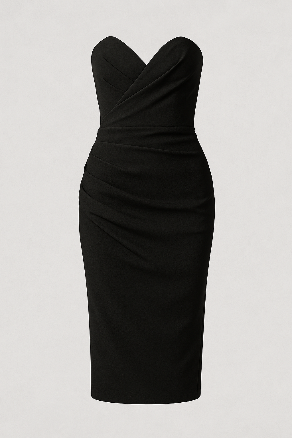Strapless Ruched Midi Dress with Back Slit Detail