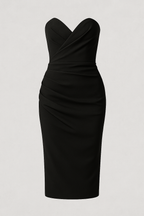 Strapless Ruched Midi Dress with Back Slit Detail