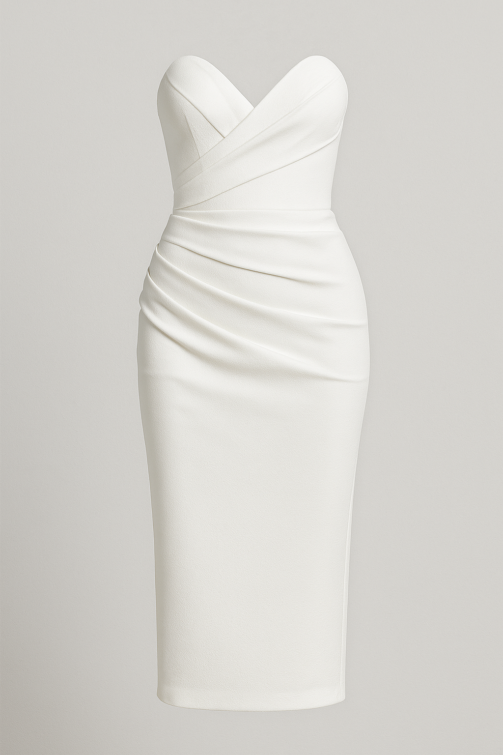 Strapless Ruched Midi Dress with Back Slit Detail