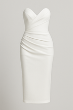 Strapless Ruched Midi Dress with Back Slit Detail