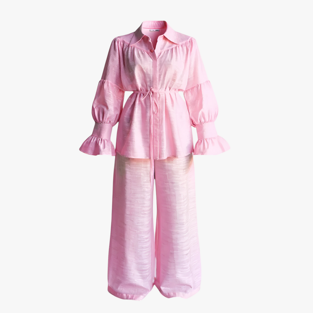 Polyester Two-Piece Set with Belted Top and Wide Trousers