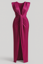 Raw silk-effect dress with side slit and spaghetti straps