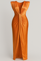 Raw silk-effect dress with side slit and spaghetti straps