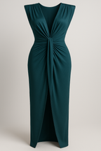 Raw silk-effect dress with side slit and spaghetti straps