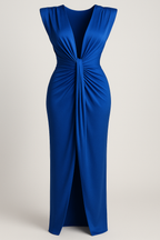 Raw silk-effect dress with side slit and spaghetti straps