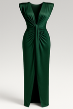 Raw silk-effect dress with side slit and spaghetti straps