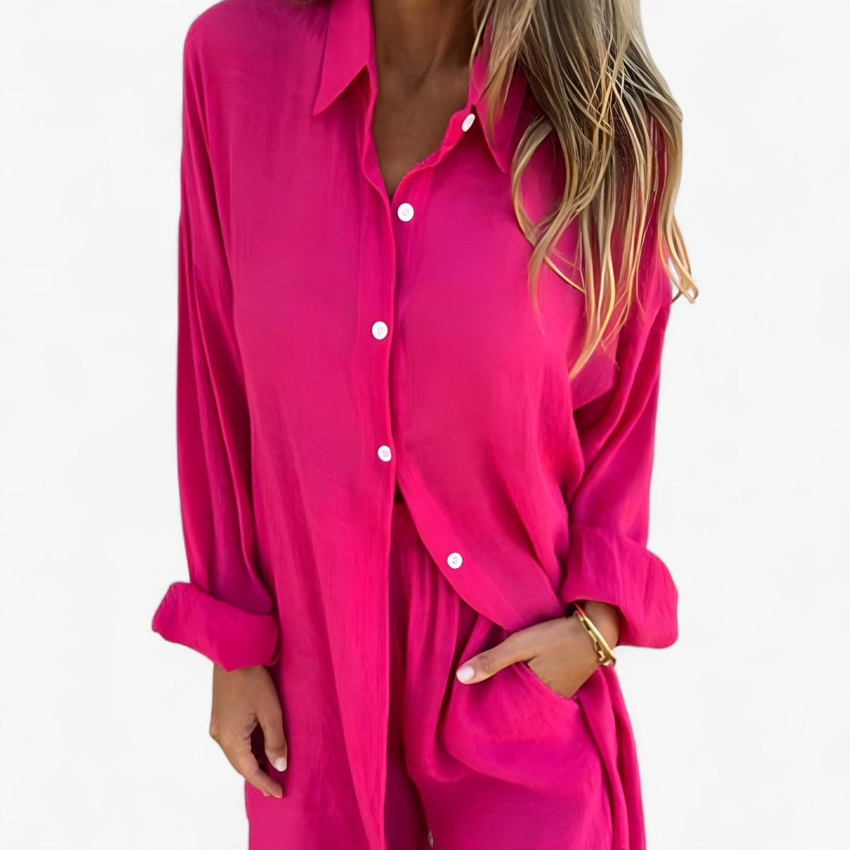 Conjunto de blusa de manga larga y pantalones cortos en lino y algodón