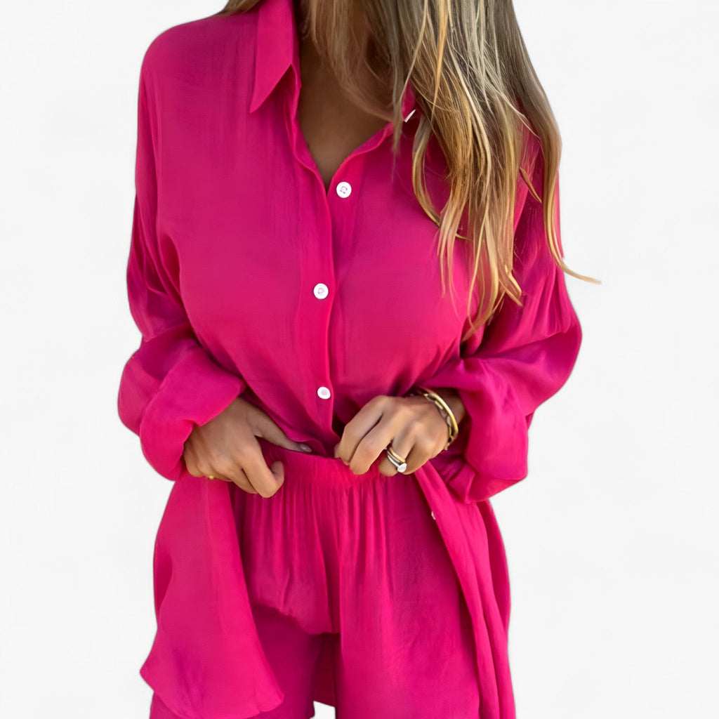 Conjunto de blusa de manga larga y pantalones cortos en lino y algodón