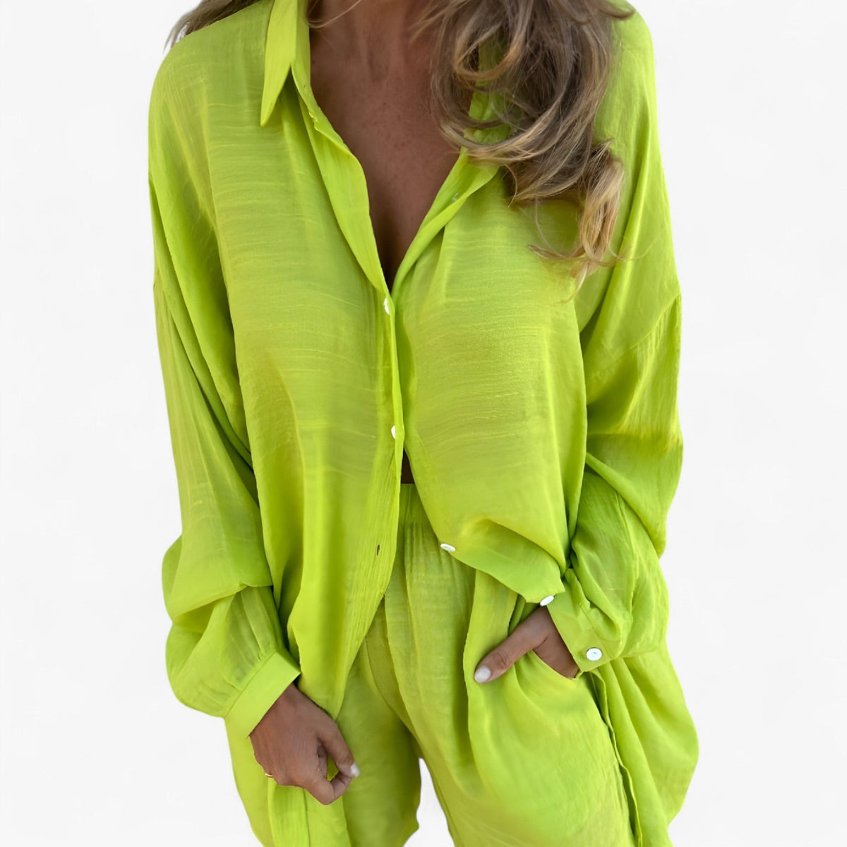 Conjunto de blusa de manga larga y pantalones cortos en lino y algodón