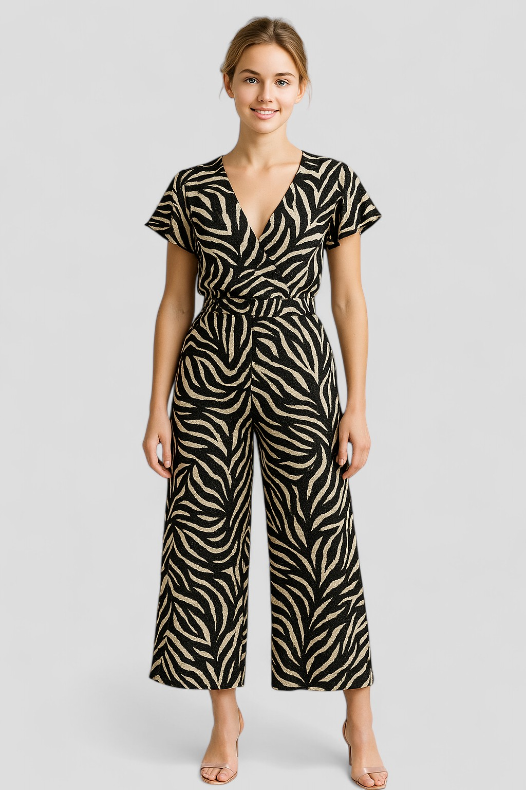 Panther Print V-Neck Jumpsuit with Wide Legs