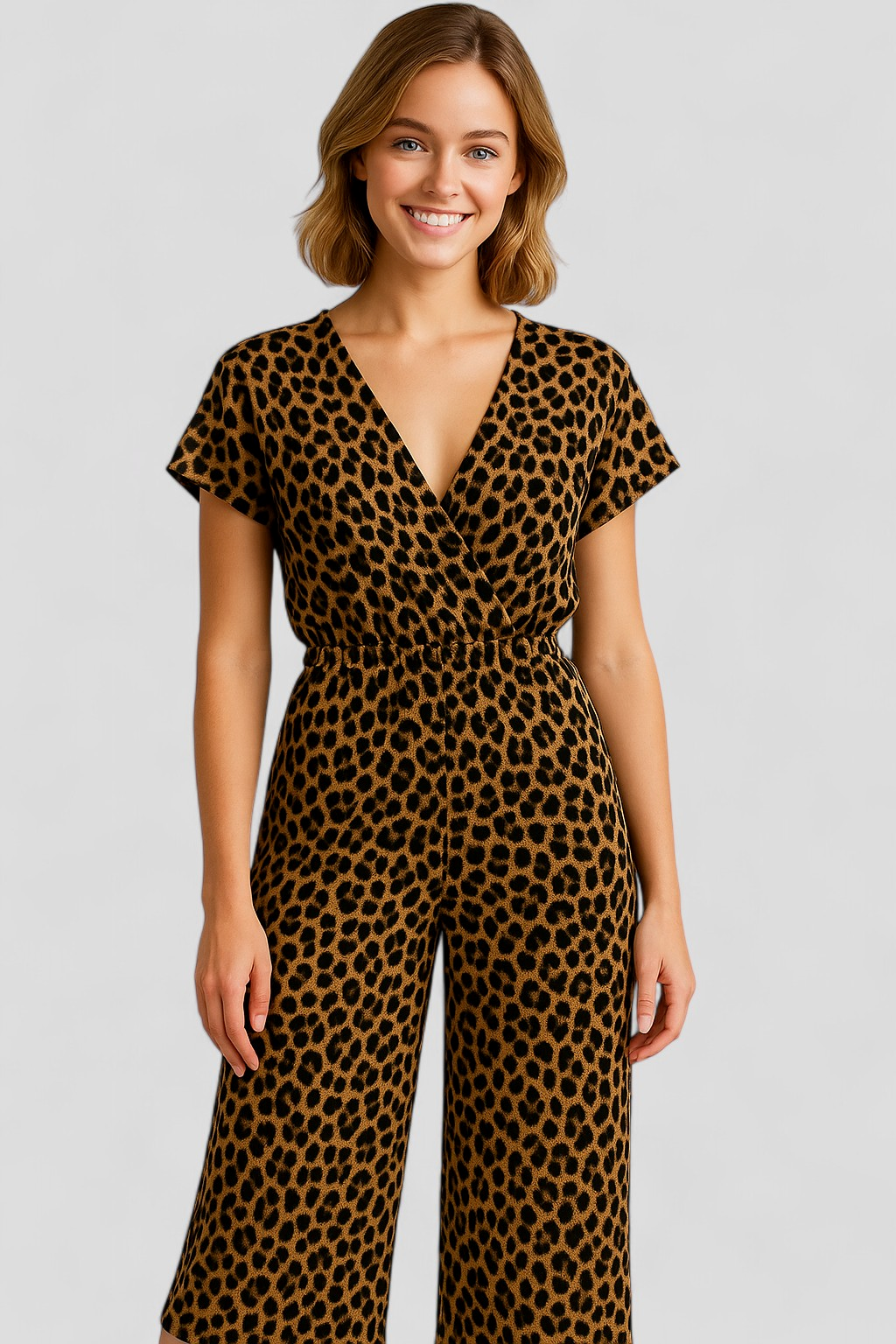 Panther Print V-Neck Jumpsuit with Wide Legs