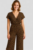 Panther Print V-Neck Jumpsuit with Wide Legs