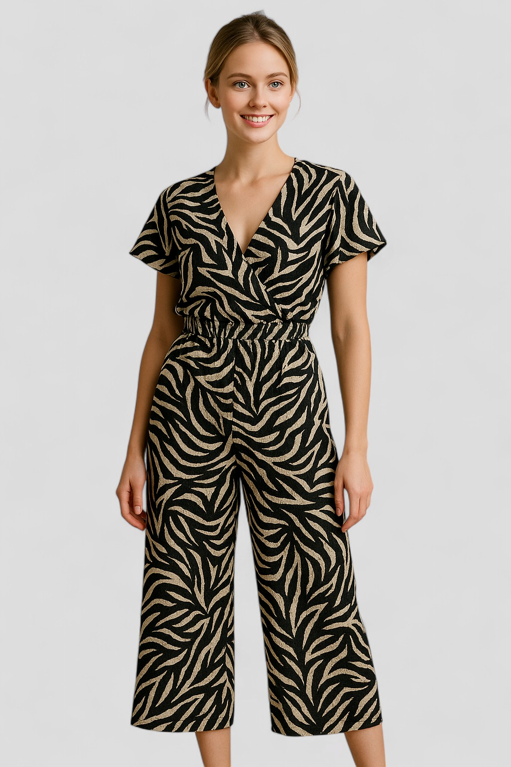 Panther Print V-Neck Jumpsuit with Wide Legs