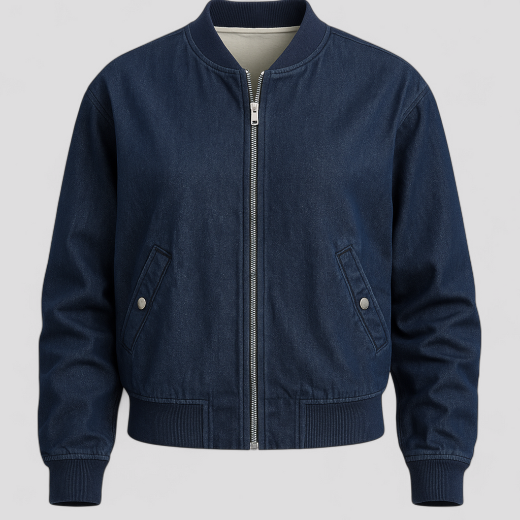 Denim bomber jacket with front zip closure