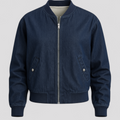 Denim bomber jacket with front zip closure