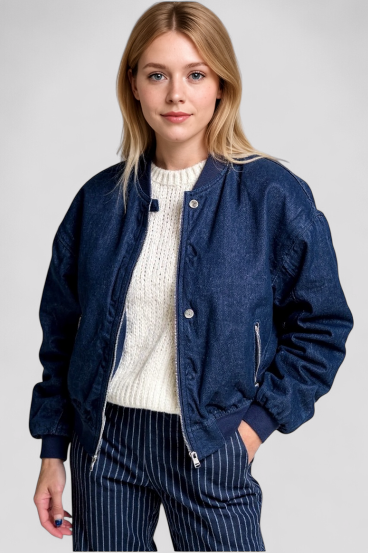 Denim bomber jacket with front zip closure