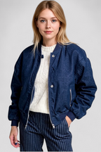 Denim bomber jacket with front zip closure