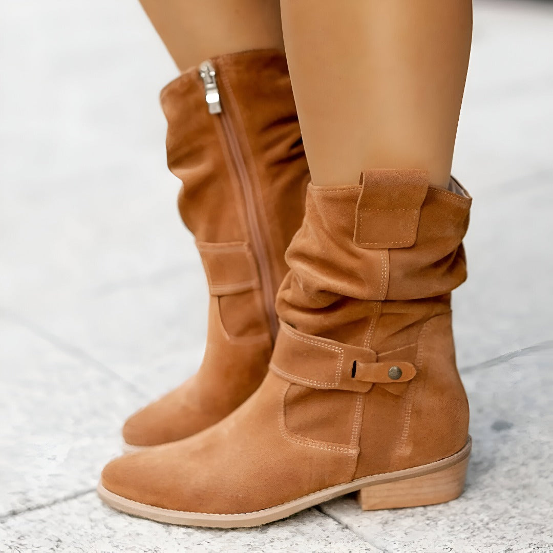 Slouchy Suede Look Ankle Boots with Low Heel