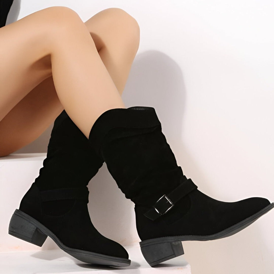Slouchy Suede Look Ankle Boots with Low Heel