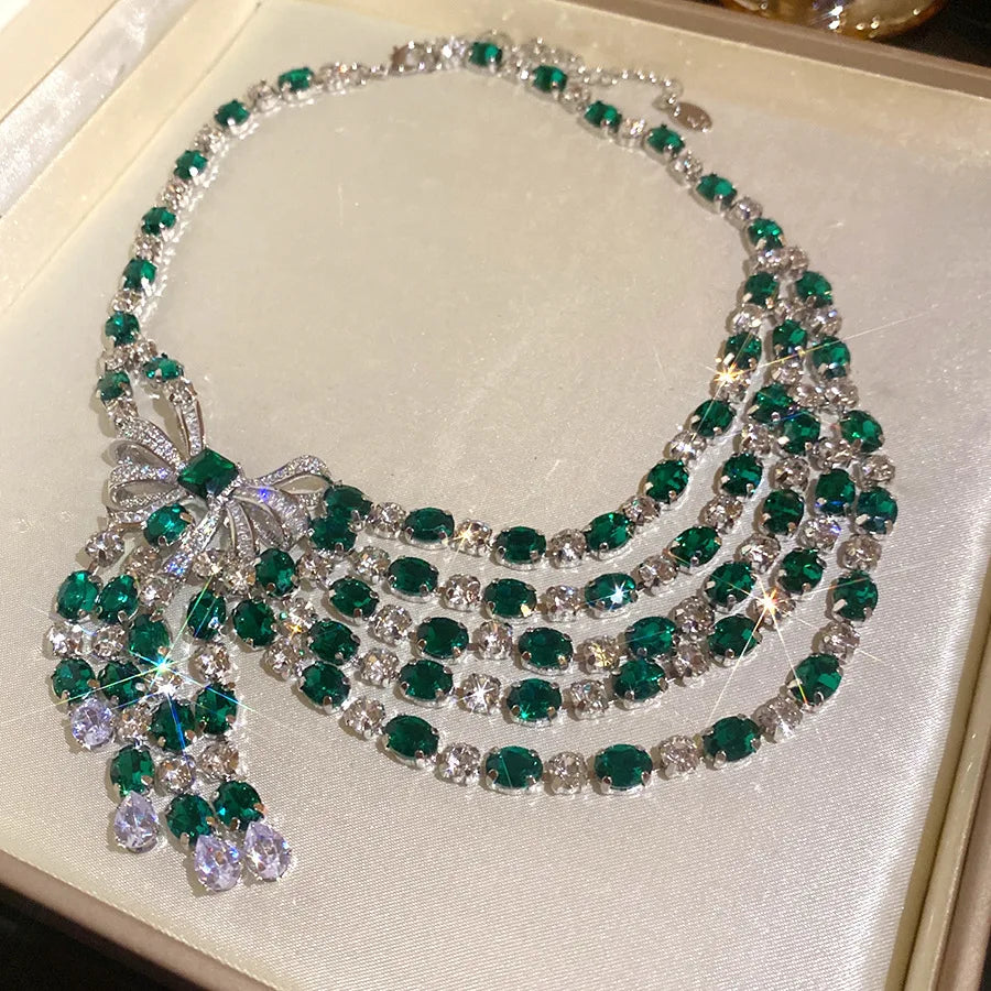 Vintage Bow Pendant Necklace with Rhinestones and Green Detail