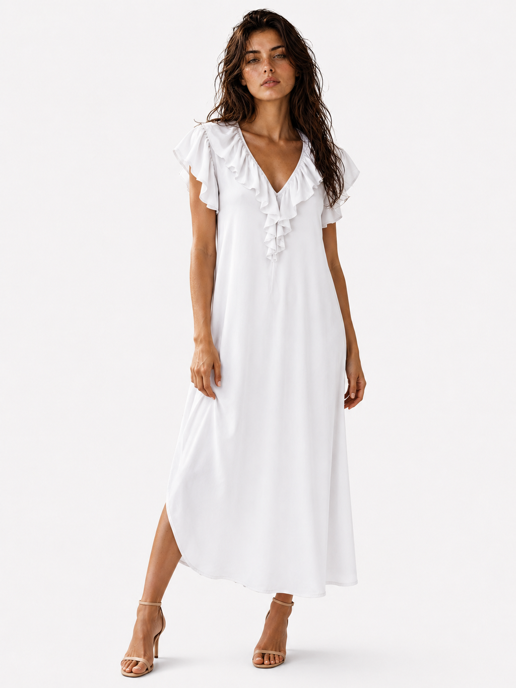 Long V-Neck Dress with Ruffle Detail and Puff Sleeves