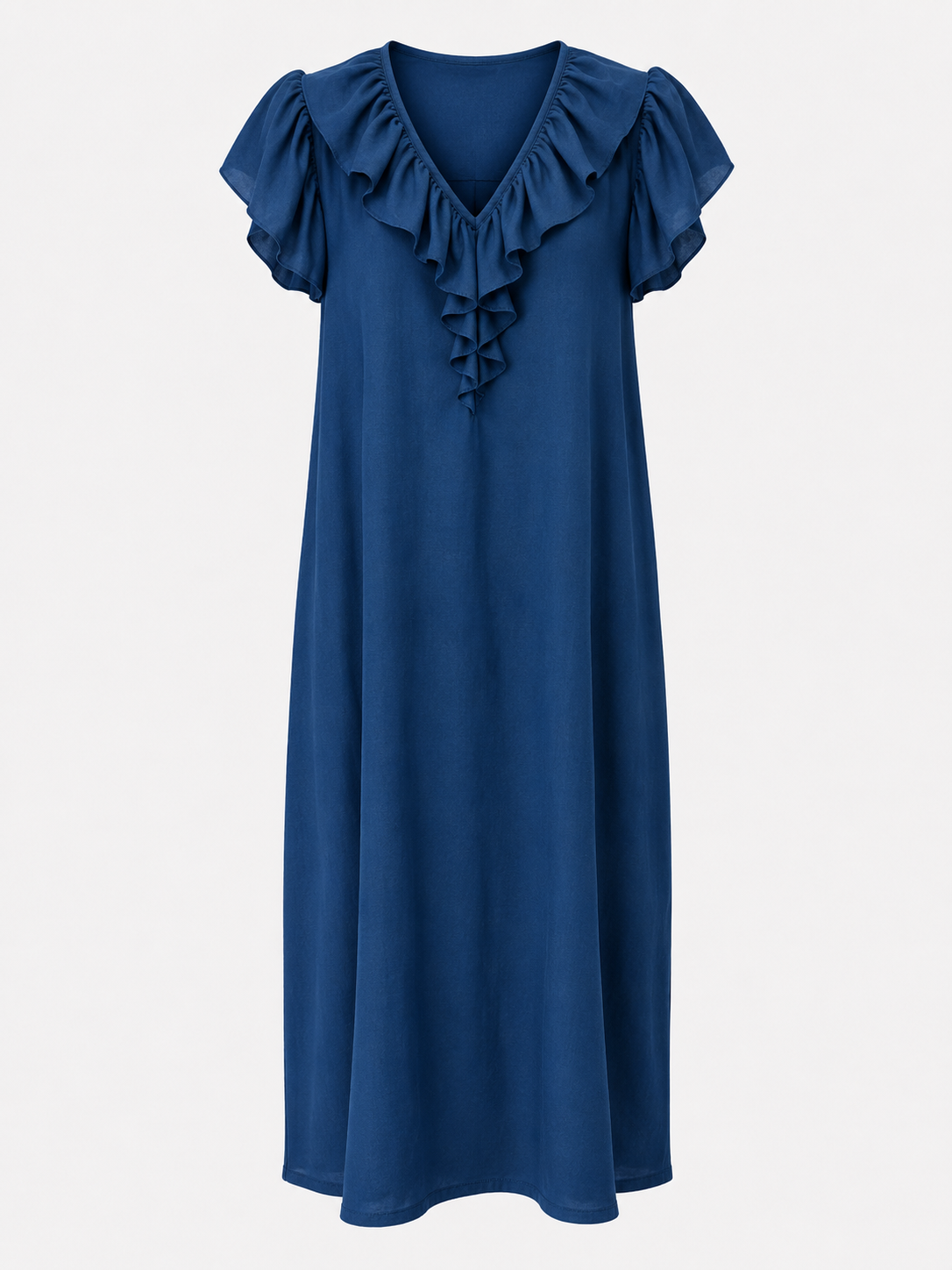 Long V-Neck Dress with Ruffle Detail and Puff Sleeves