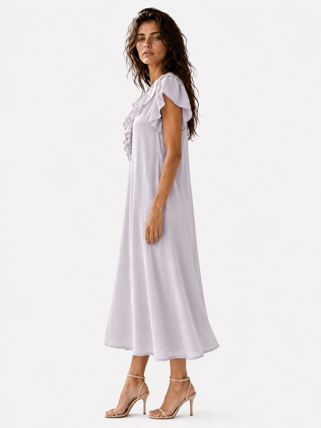 Long V-Neck Dress with Ruffle Detail and Puff Sleeves
