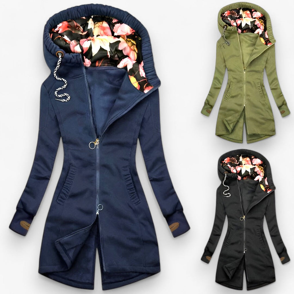 Hooded Winter Jacket with Polo Collar and Print Detail