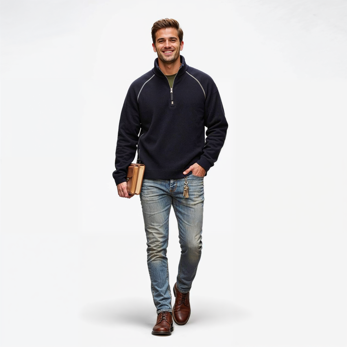 Half-Zip Knit Sweater with Stitched Detail for Layering